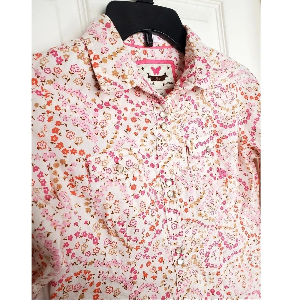 Vtg Gap Kids Western Snap Shirt‎ Pink Floral Cotton Long Sleeve Cowgirl Top L 10